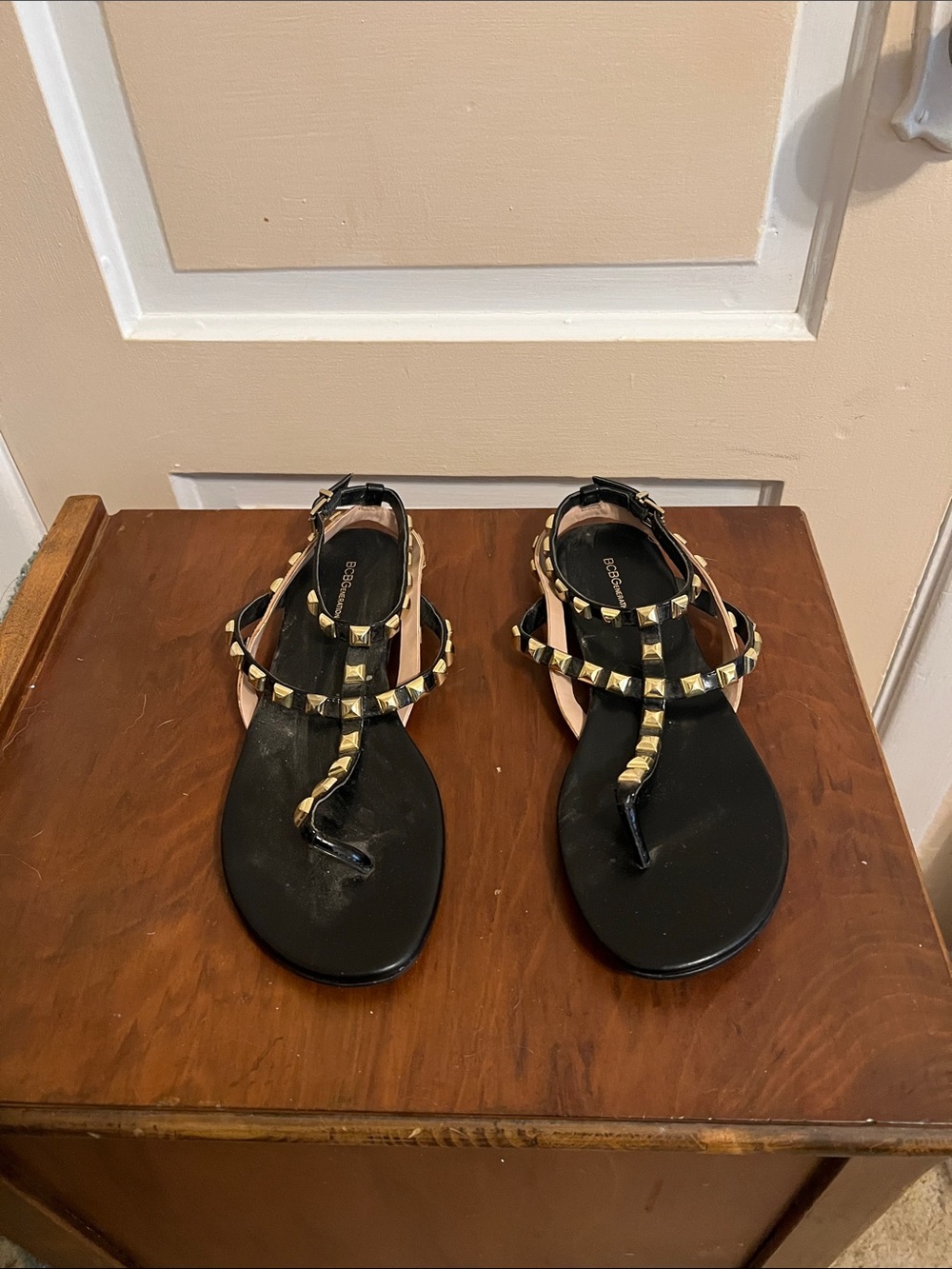 Studded Black T-Strap Women's Sandals